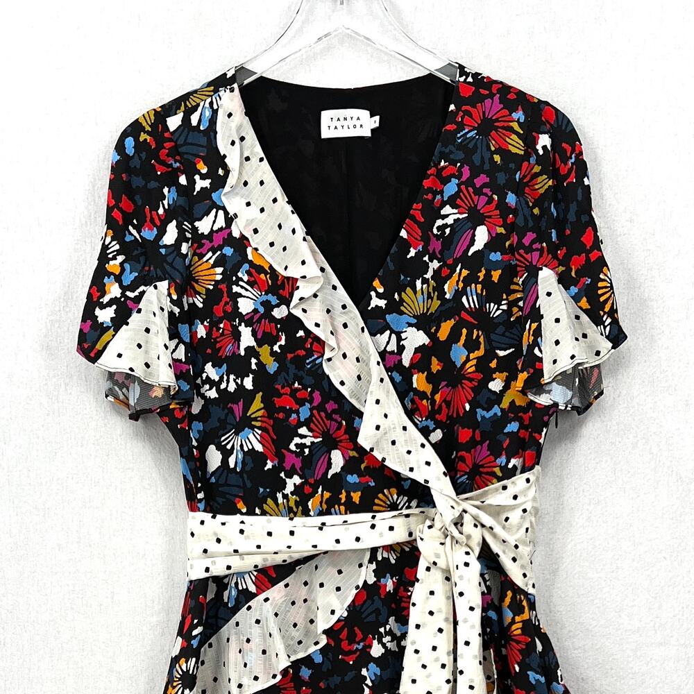 TANYA TAYLOR Bianka Combo Silk Wrap Dress Womens 8 Floral Polka Dot Ruffle Wrap - Picture 6 of 16
